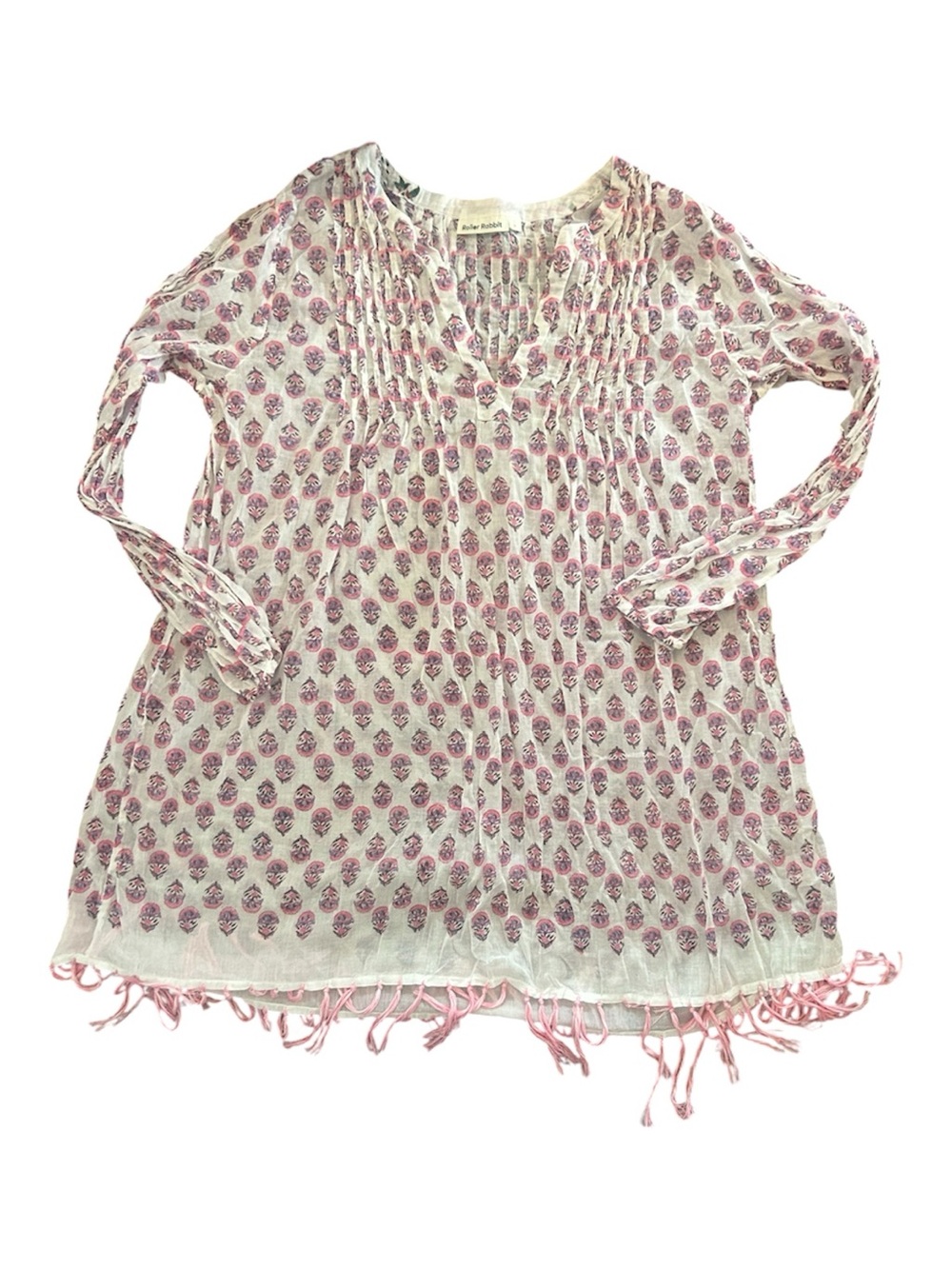 Roller Rabbit Women's long sleeve Cotton Tassel Tunic Cover Up Size Large